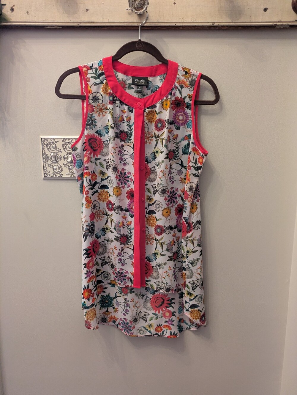Nicole Miller White Floral Sleeveless Tunic with Pink Trim